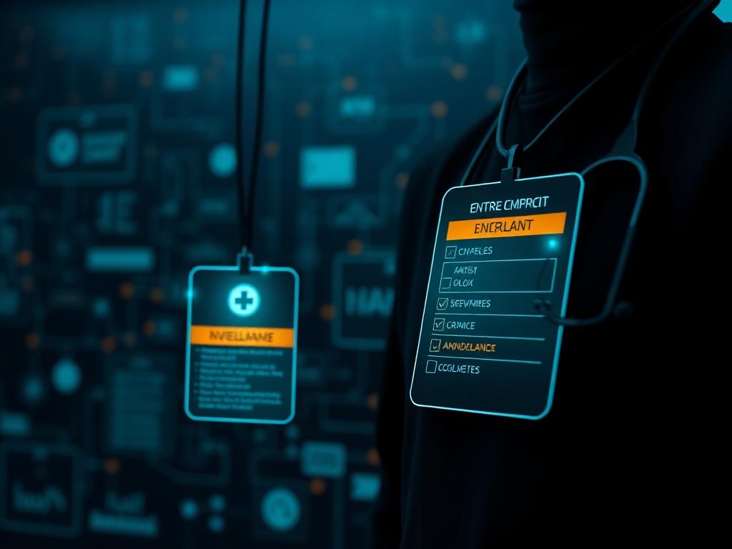 Clinician credential badge and payer enrollment checklist glowing in teal