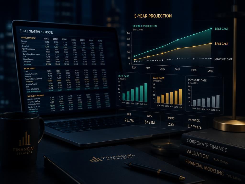 Three-statement financial model on a laptop with best, base, and downside projection curves