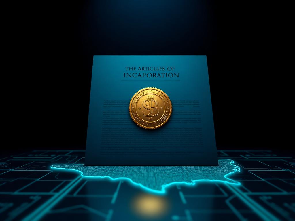 Articles of incorporation with a gold seal over a glowing state registration map
